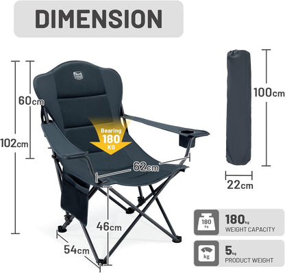 Folding Camping Chair Recliner 150kg Extra Wide 3 Position Cup Holder Black