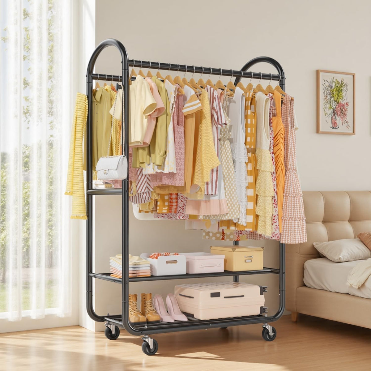 Clothes Rail Garment Rack Double Hanging Heavy Duty 326kg Wheels 2 Shelves Black