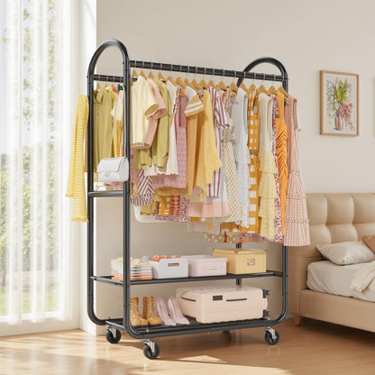 Clothes Rail Garment Rack Double Hanging Heavy Duty 326kg Wheels 2 Shelves Black