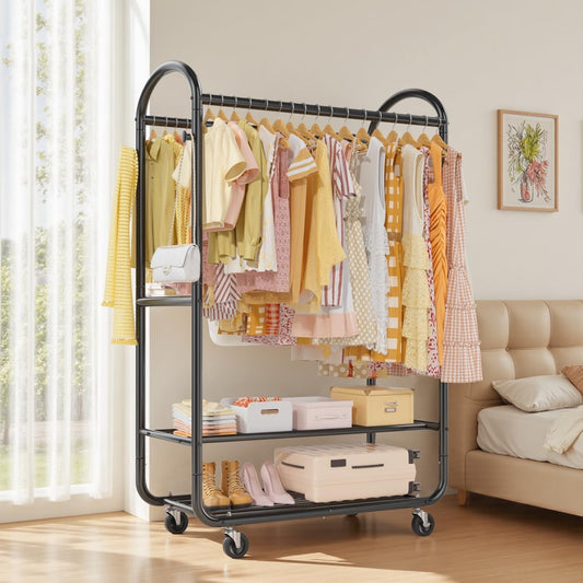 Clothes Rail Garment Rack Double Hanging Heavy Duty 326kg Wheels 2 Shelves Black