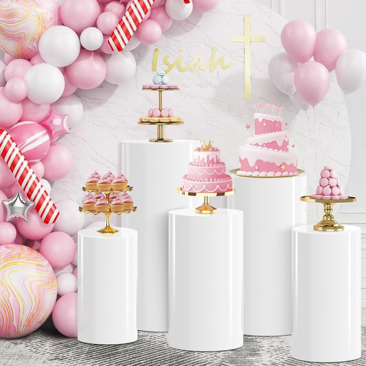 Cylinder Pedestal Stands 5pcs White Party Plinth Display Wedding Cake Tables