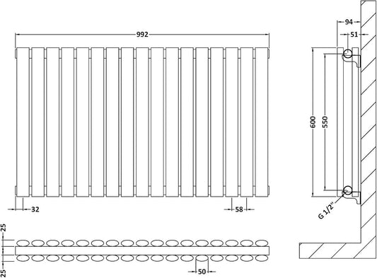 Nuie HL339D Revive Modern Home Wall Mount Horizontal Double Panel 600x992x78mm