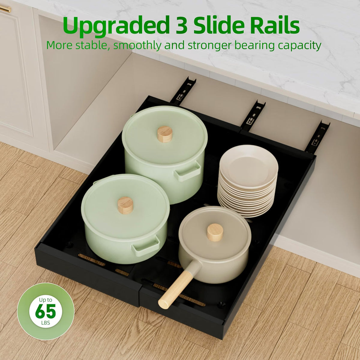 Pull Out Cabinet Organizer 4 Pack 21in Deep 9-14in Adjustable 3 Rail Steel Set