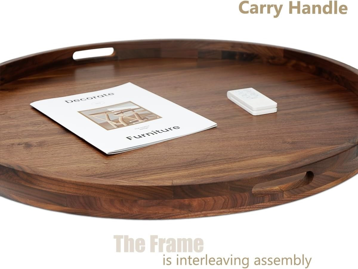 30in Extra Large Round Walnut Wood Ottoman Tray w Handles Serving Tea Coffee
