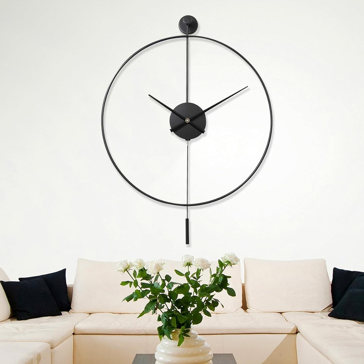 Large Wall Clock Pendulum Silent 60cm Black Modern Metal Analogue Home Decor