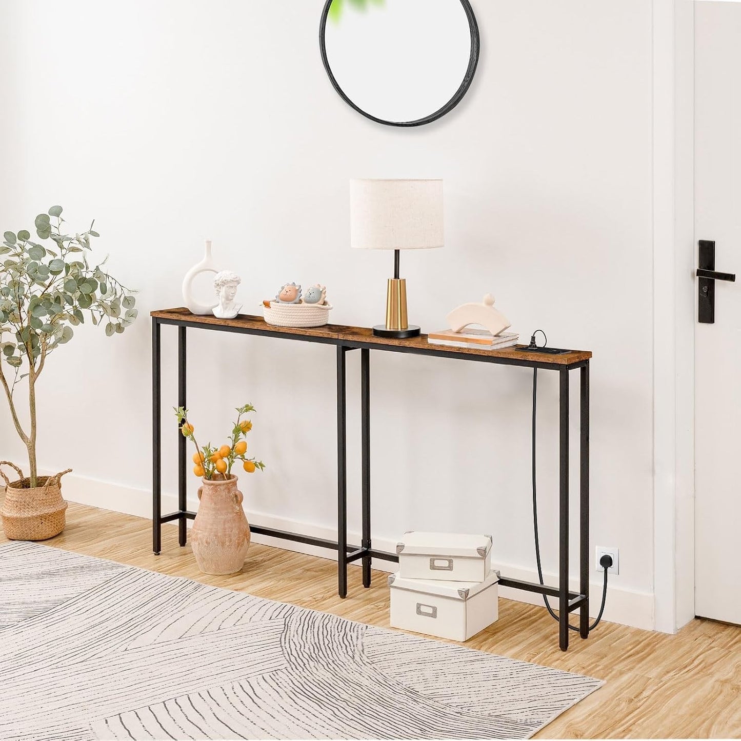 Console Table Charging Station 160cm Slim USB Type-C Sofa Hallway Rustic Brown