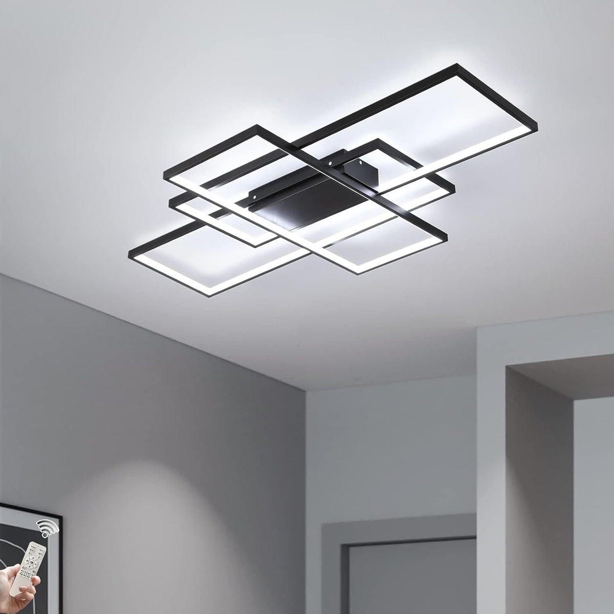 LED Ceiling Light Chandelier 70W 110cm Black Dimmable 3 Square Remote Control
