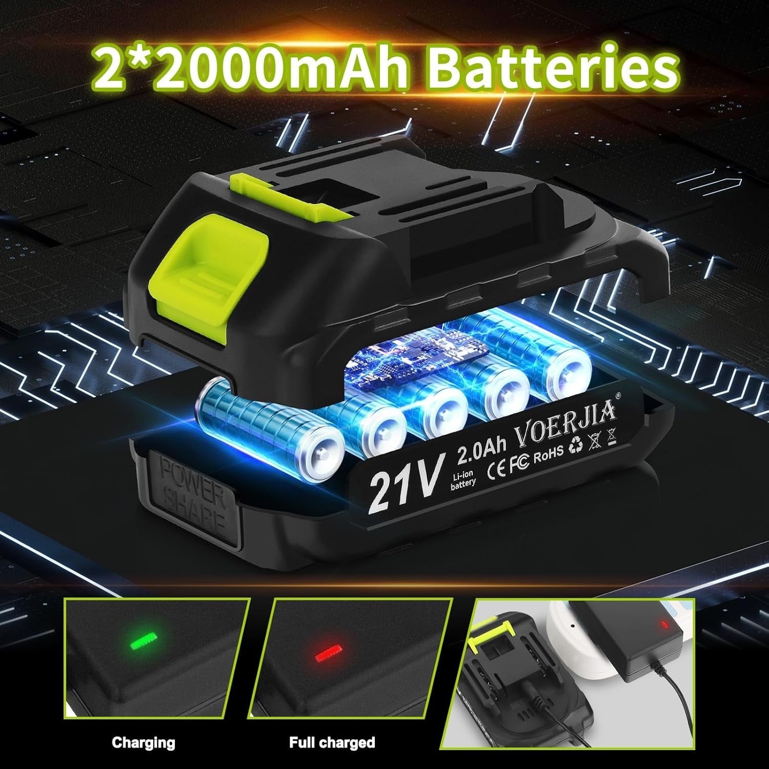 20” Cordless Hedge Trimmer 21V 2x2000mAh Battery 50cm Dual Blade Hedge Cutter