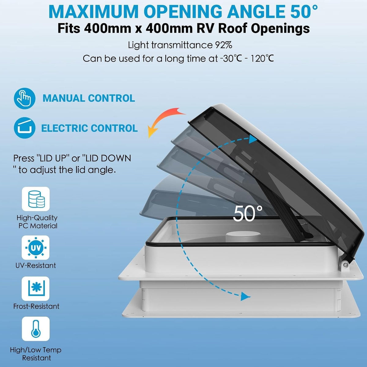 Caravan Roof Vent Fan 400mm 12V Remote Controlled Rain Sensor Campervan Black RV
