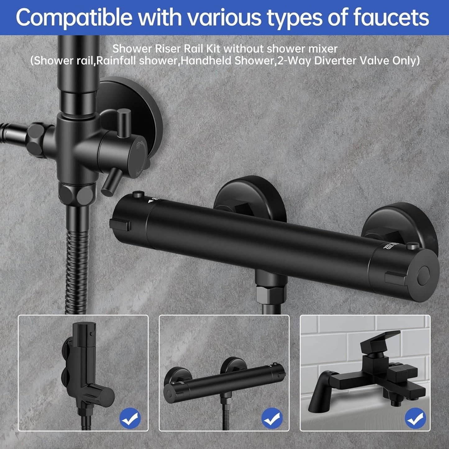 Shower Riser Rail Kit Black 25cm Rainfall Head Handheld Brass Diverter Tap Set