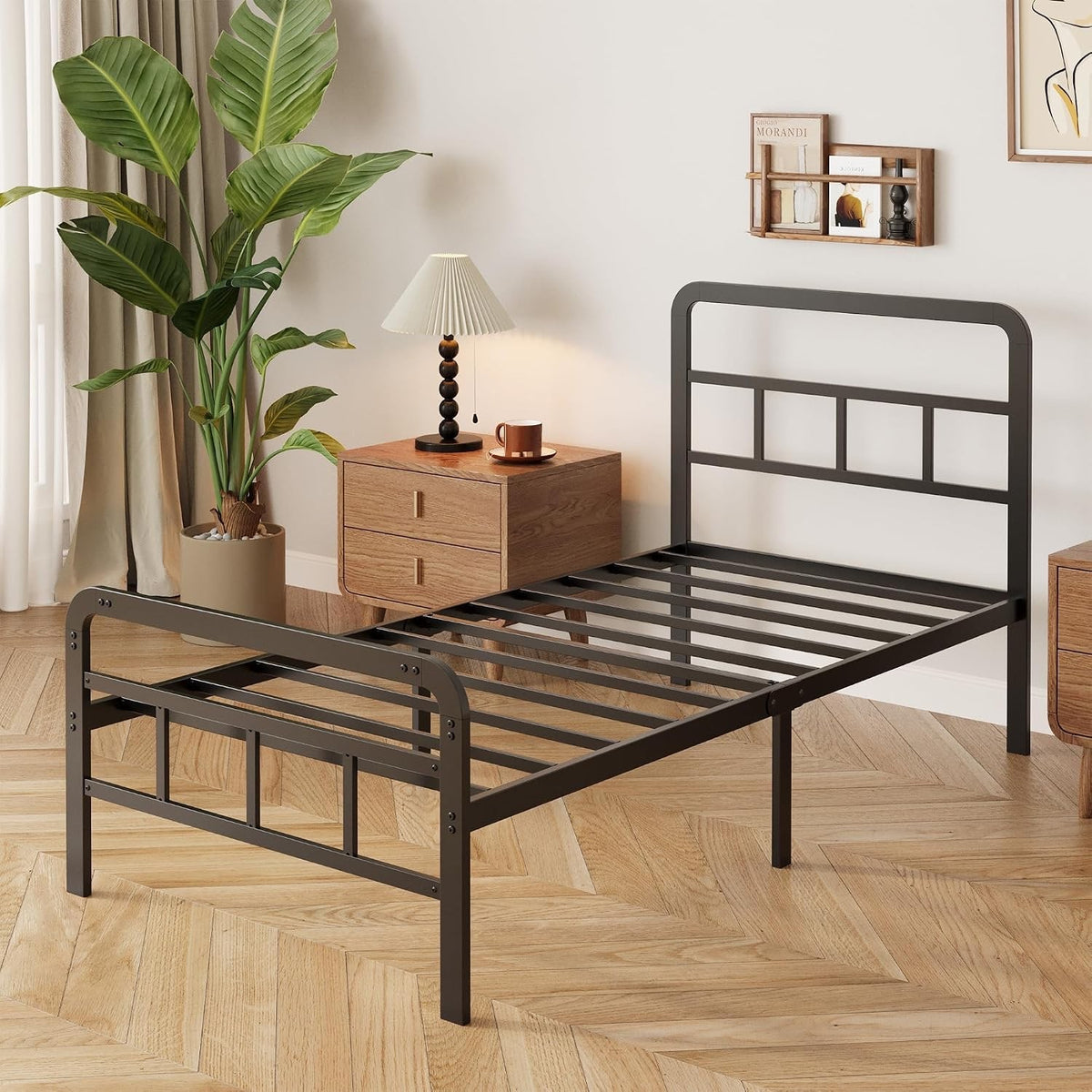 Single Bed Frame Metal 3ft 90x190cm Headboard Footboard Slats 36cm Height Black