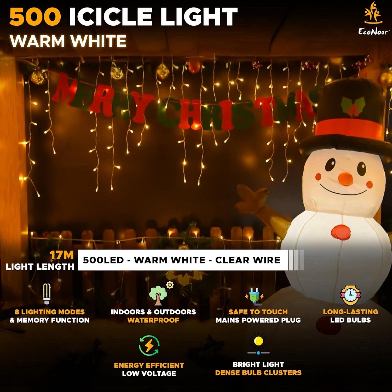 EcoNour 10M 360 LED Icicle Christmas Lights Outdoor Warm White Waterproof Decor