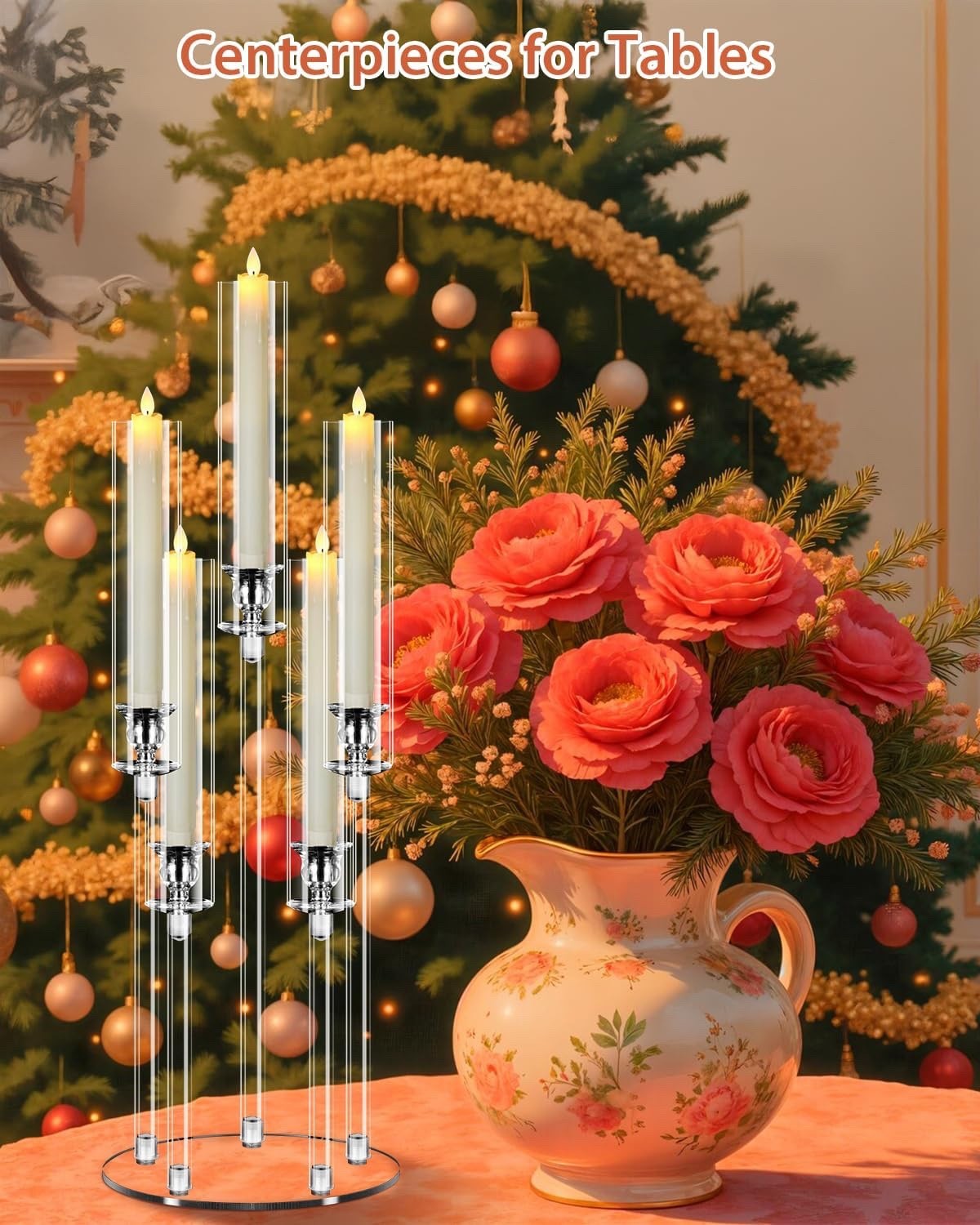 Candelabra Candle Holders 6 Sets 5 Arm Clear Acrylic 68cm Wedding LED Candles