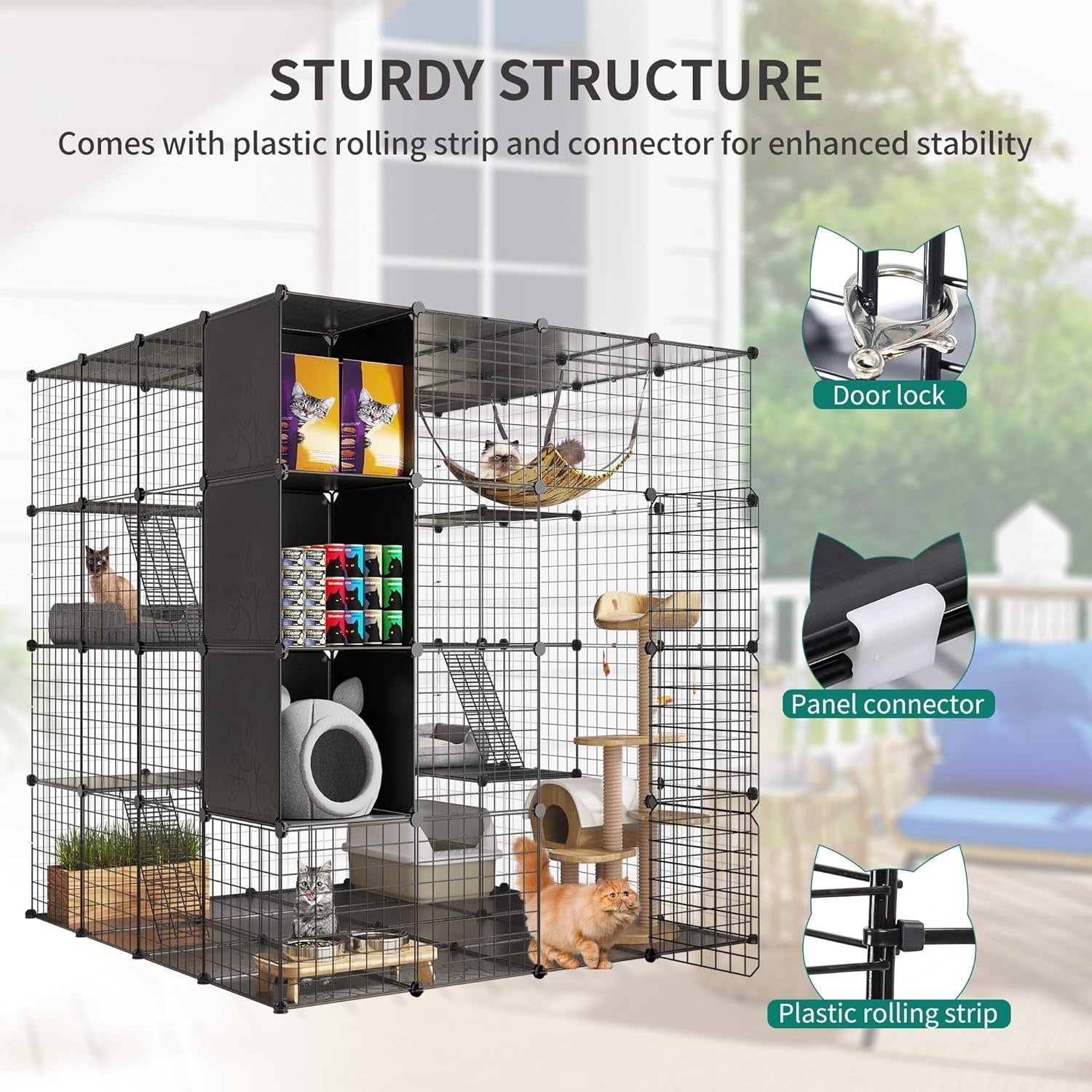 YITAHOME Large Metal Cat Cage Indoor Catio 4-Tier Playpen with Hammock – Black