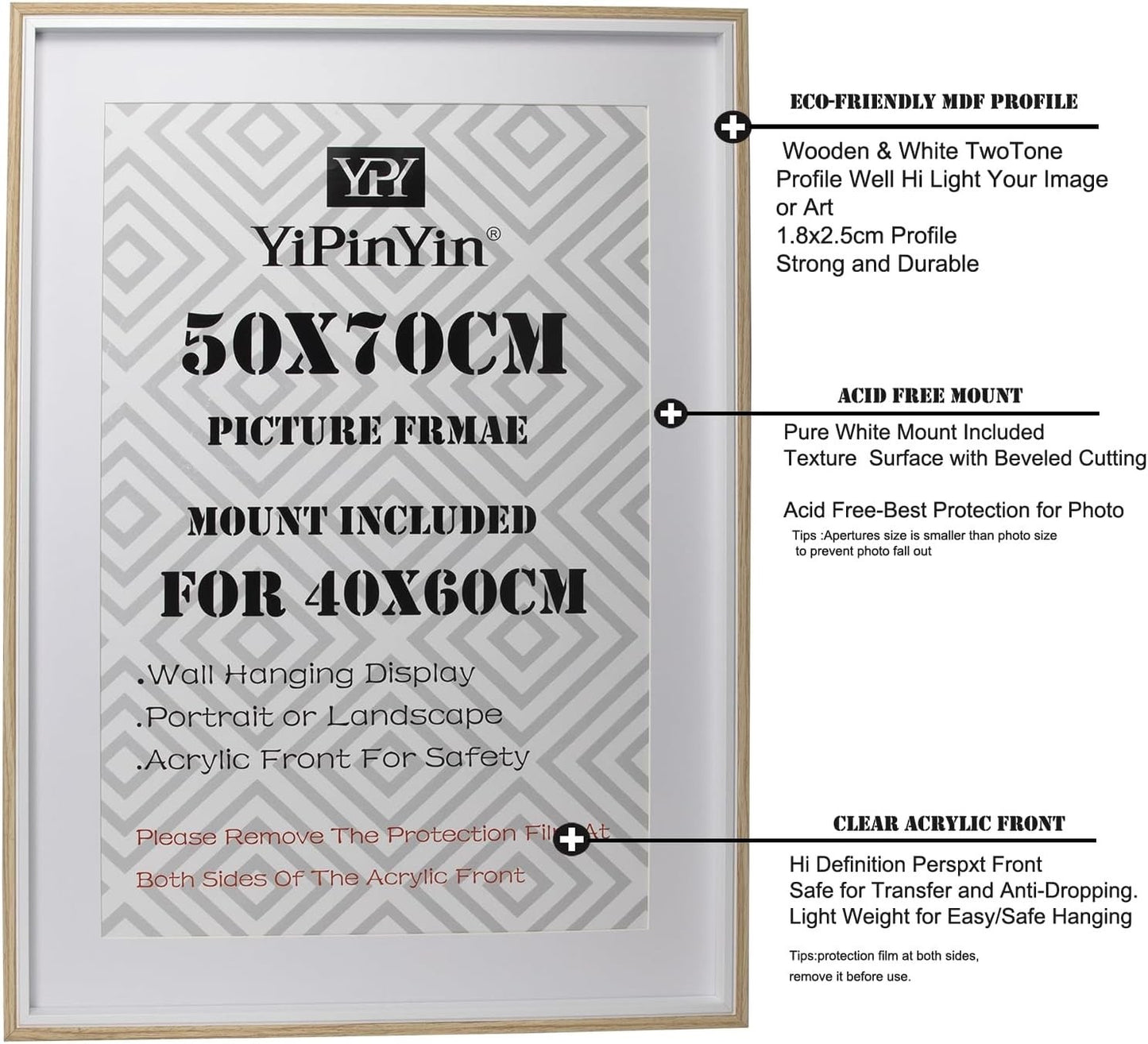 Picture Frame Set 50x70cm 3 Pack Wooden White Mounts 40x60cm Wall Poster Frames