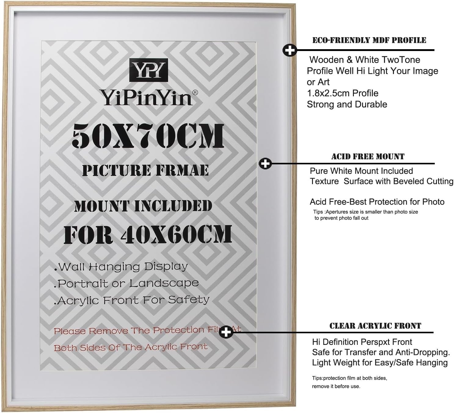 Picture Frame Set 50x70cm 3 Pack Wooden White Mounts 40x60cm Wall Poster Frames