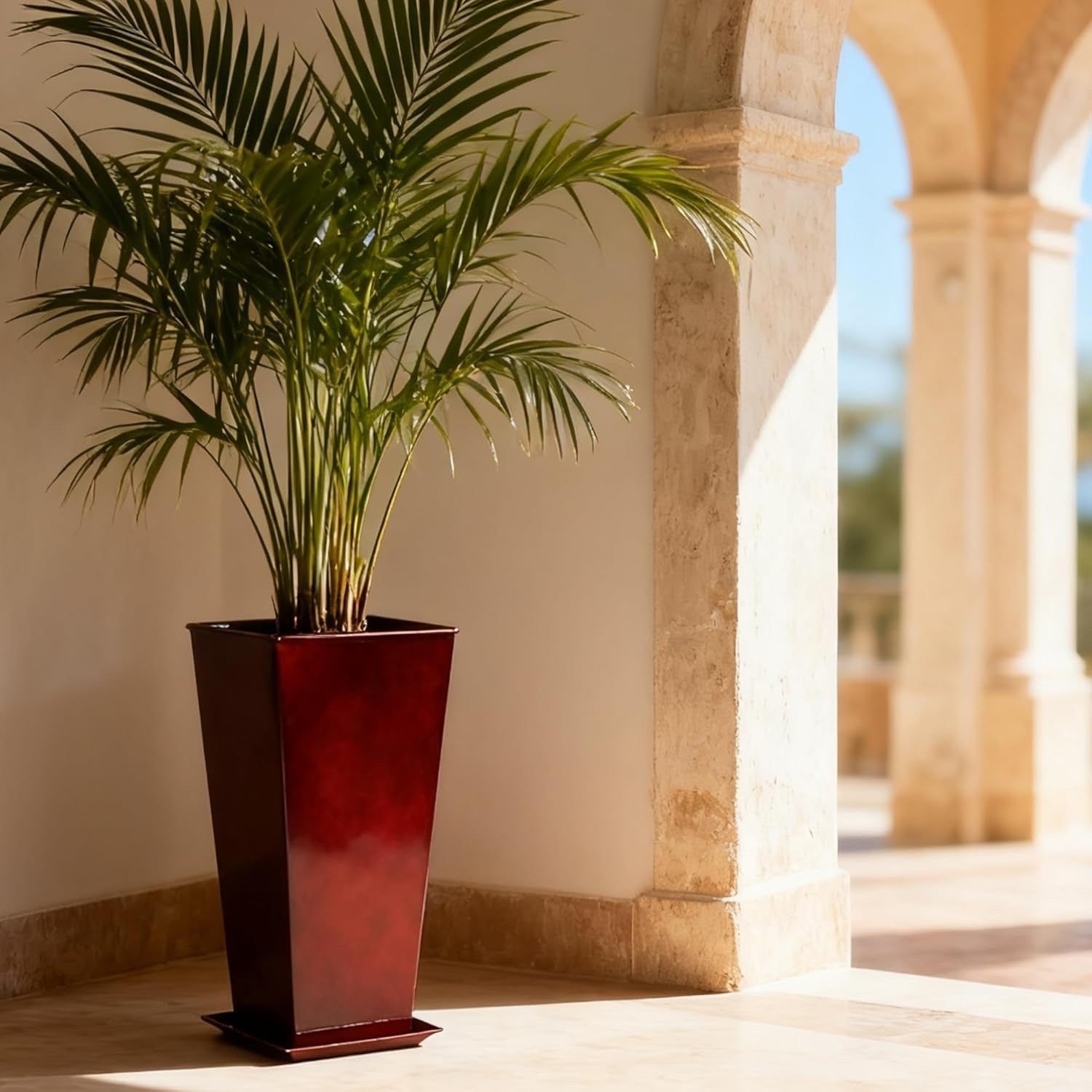 Large Planter Pots Set 2 71cm Tapered Green Glossy Indoor Outdoor 40L Metal