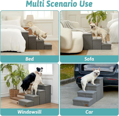 Dog Stairs Pet Steps Foldable Storage Ramp Grey Leakproof Sofa 4 Step 38.1x17x22