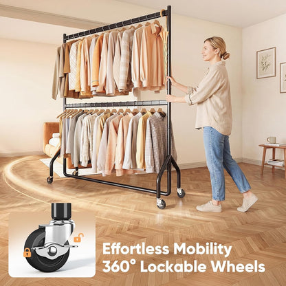 Clothes Rail Rack Heavy Duty Double Hanging Garment Stand 152cm 160kg Wheels