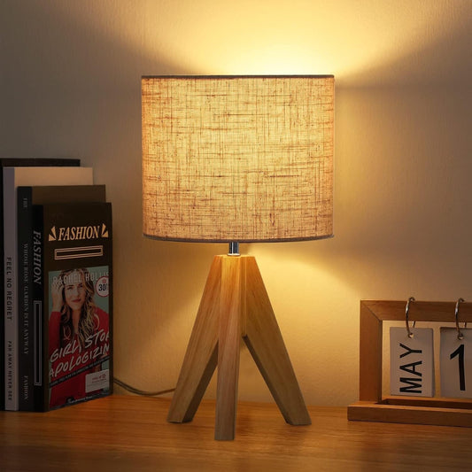 EDISHINE 36 cm Bedside Lamps Linen Lampshade Wooden Tripod