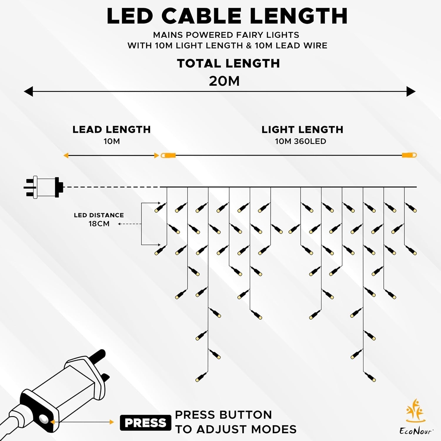 EcoNour 10M 360 LED Icicle Christmas Lights Outdoor Warm White Waterproof Decor