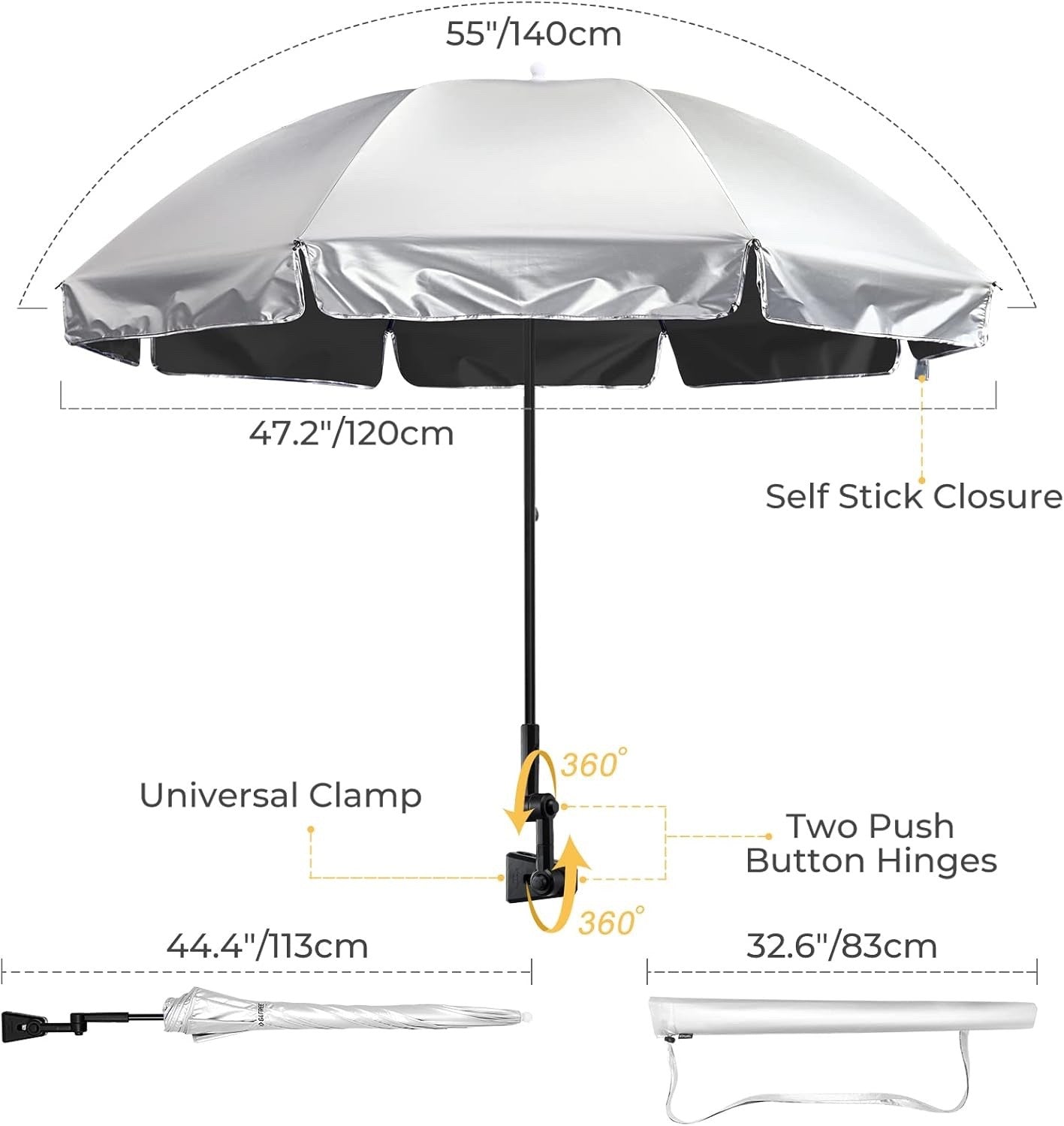 Clamp Umbrella Beach Chair UPF50 Adjustable Shade Stroller Wheelchair Parasol