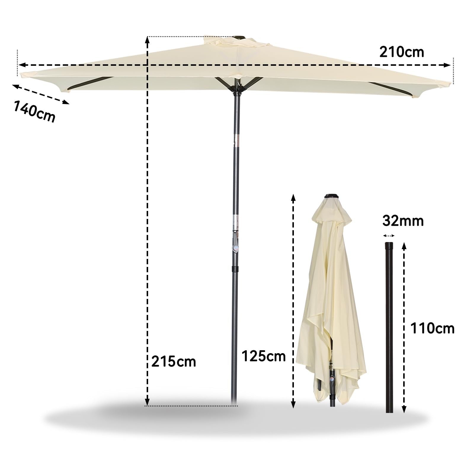 Garden Parasol Umbrella 210x140cm Crank Tilt Patio Sun Shade Cream