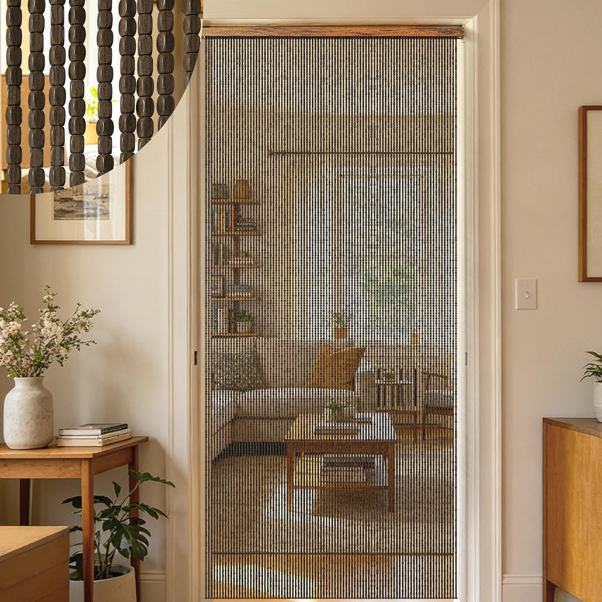 Wood Beaded Door Curtain 90 Strand 90x200cm Dark Brown Room Divider