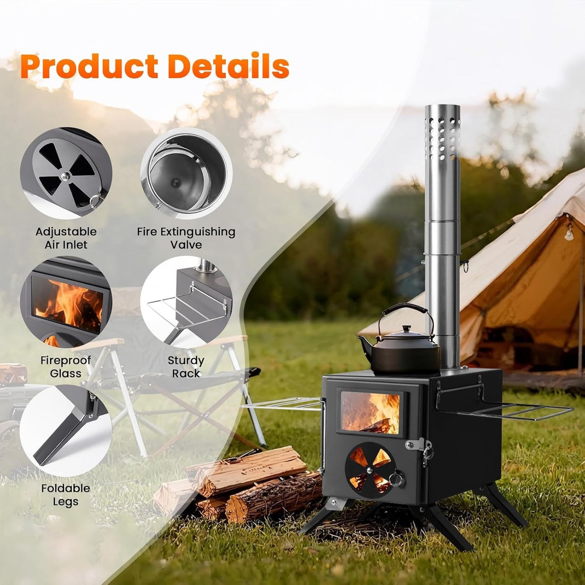 Wood Burning Stove Portable Tent Camping Mini Alloy Steel Chimney Cooking Black