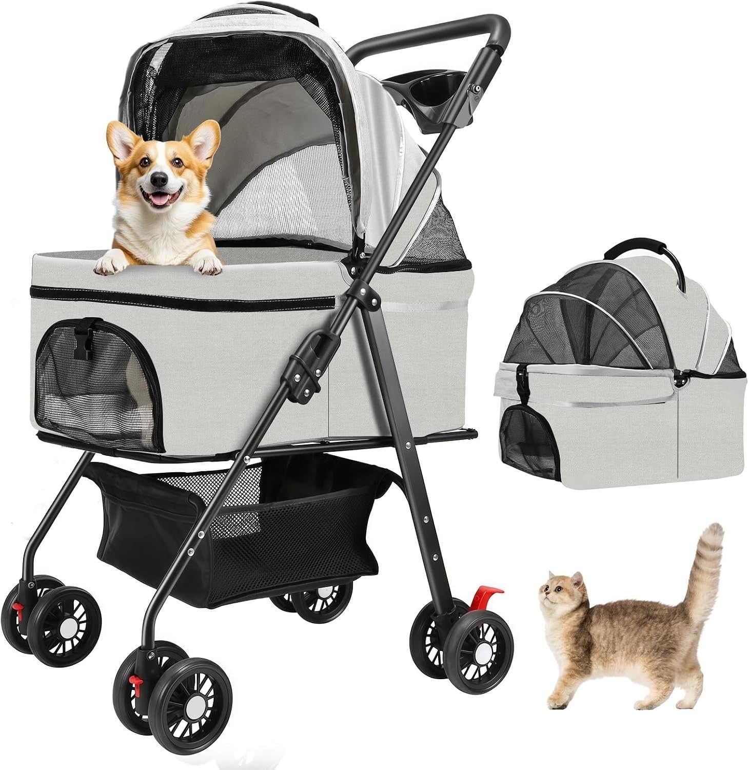Pet Stroller Dog Pram 3-in-1 Cat Carrier Foldable 15kg Grey 4 Wheel Travel Bag