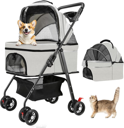 Pet Stroller Dog Pram 3-in-1 Cat Carrier Foldable 15kg Grey 4 Wheel Travel Bag