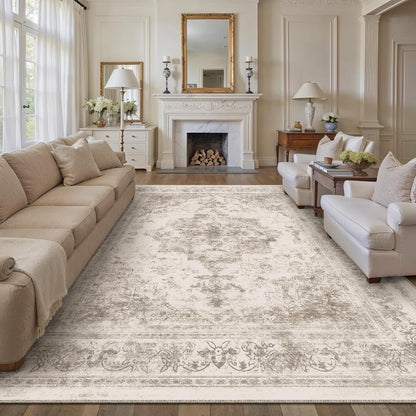 Vintage Beige Rug Washable Non Slip 300x400cm Living Room Bedroom Carpet Mat