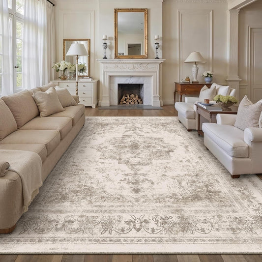 Vintage Beige Rug Washable Non Slip 300x400cm Living Room Bedroom Carpet Mat