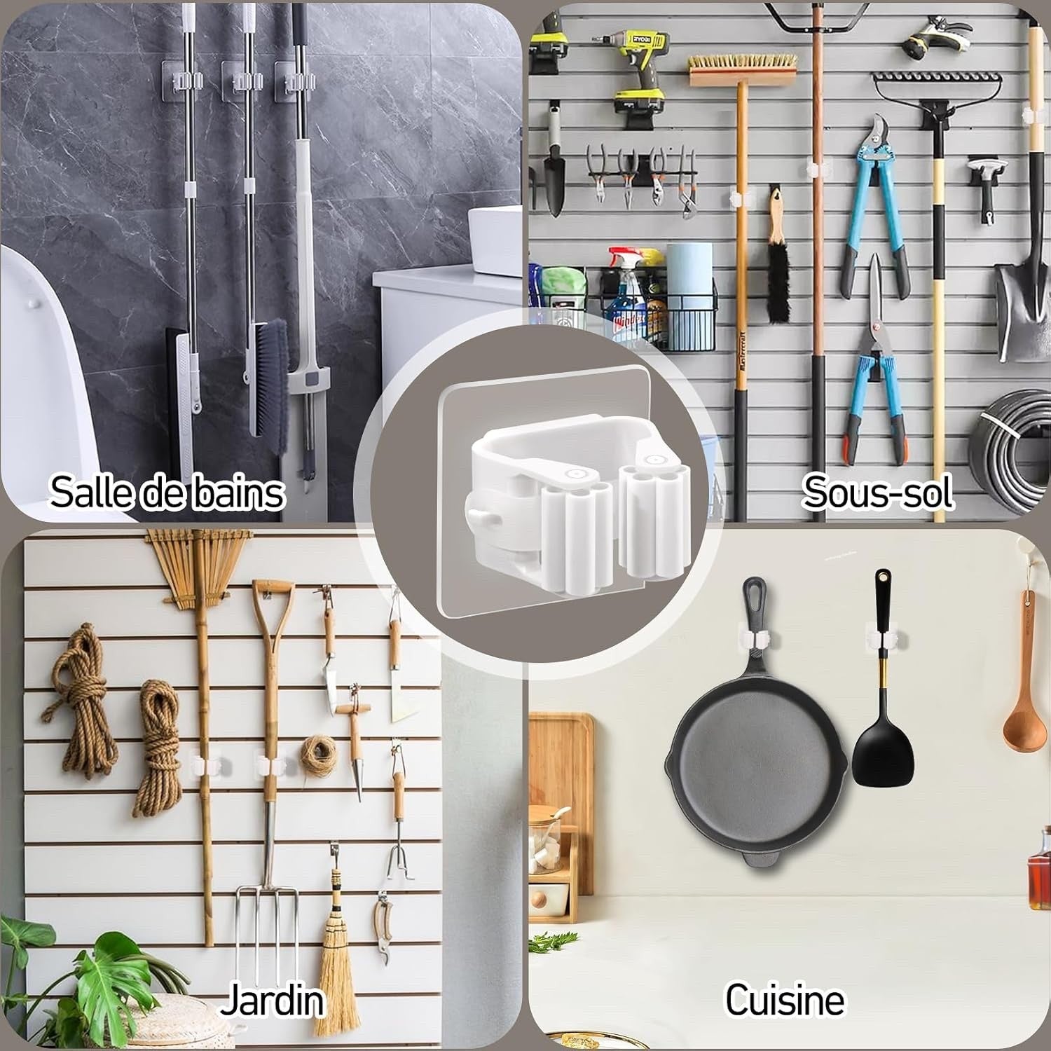 6-Pack Wall Mounted Broom Holder – Self-Adhesive ABS Mop Hanger Clips