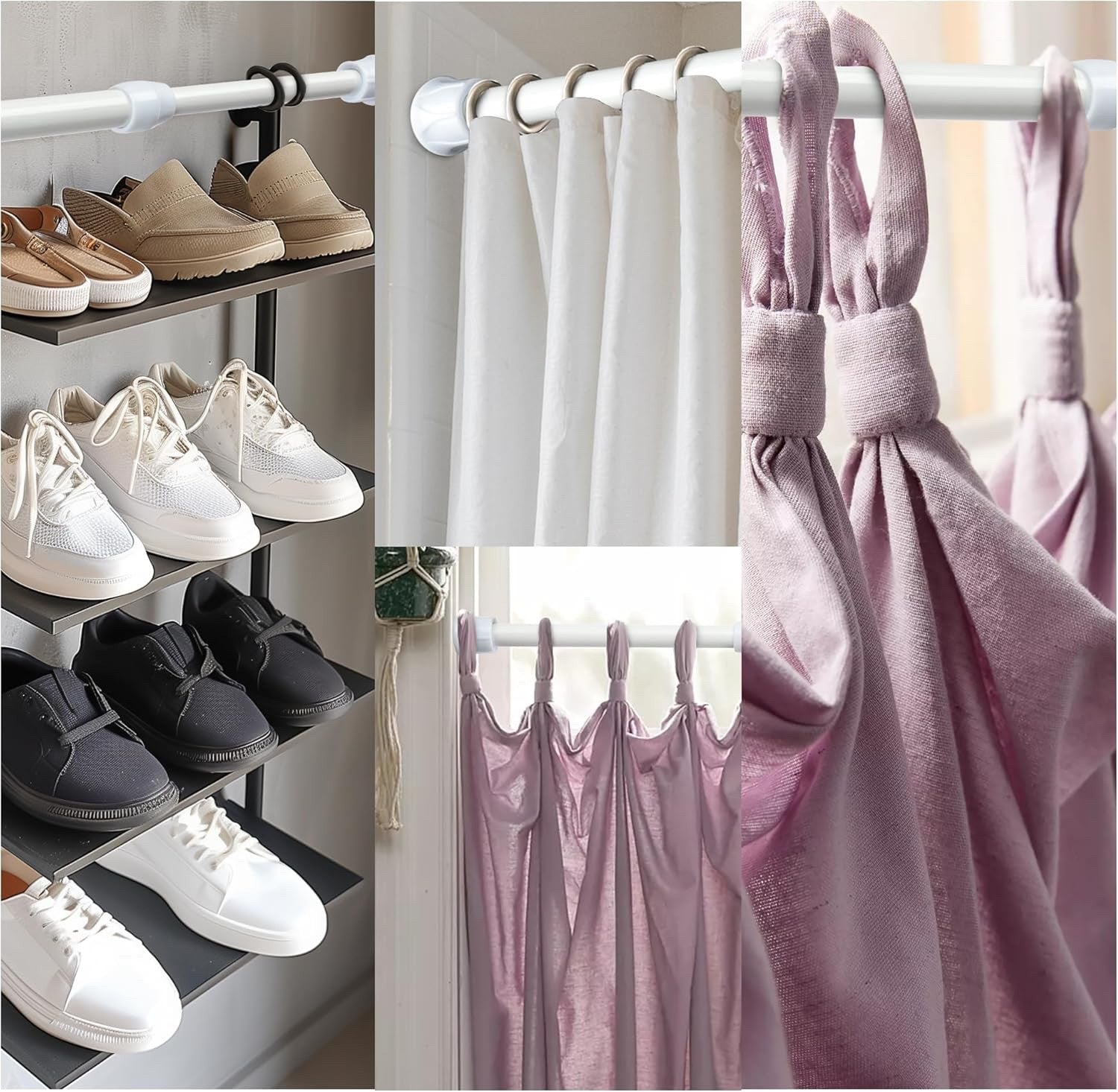 White Extendable Shower Curtain Rod Adjustable Tension Pole No Drill Bathroom with shoes and curtains in stylish organization.