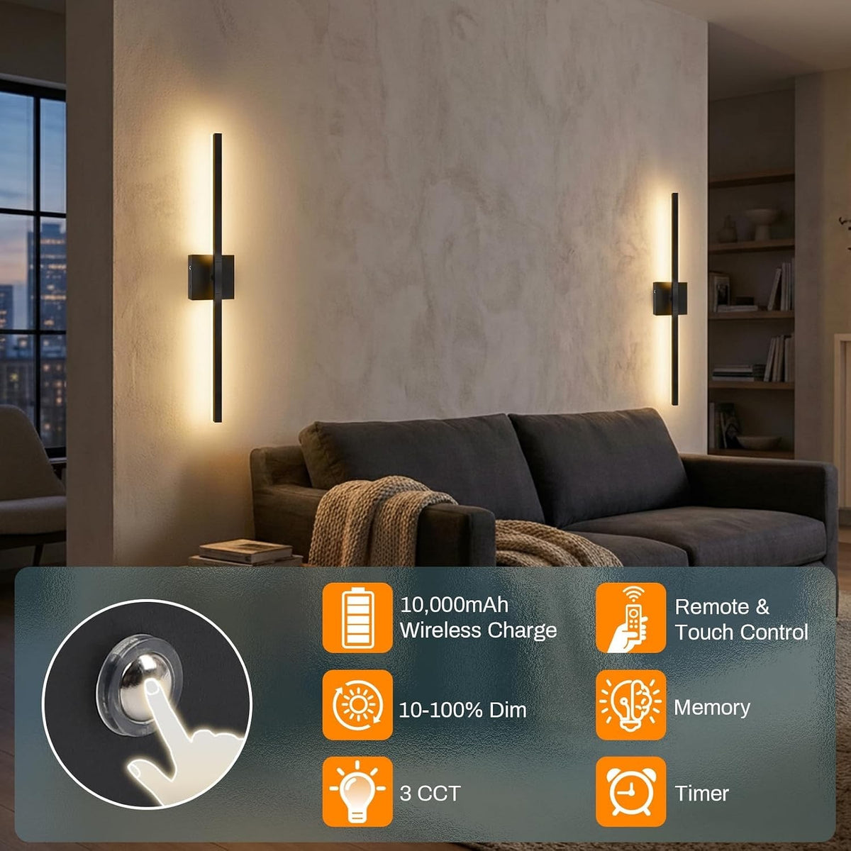 Rechargeable Wall Light Sconce Wireless 60cm Black 10000mAh Remote 360° Dimmable