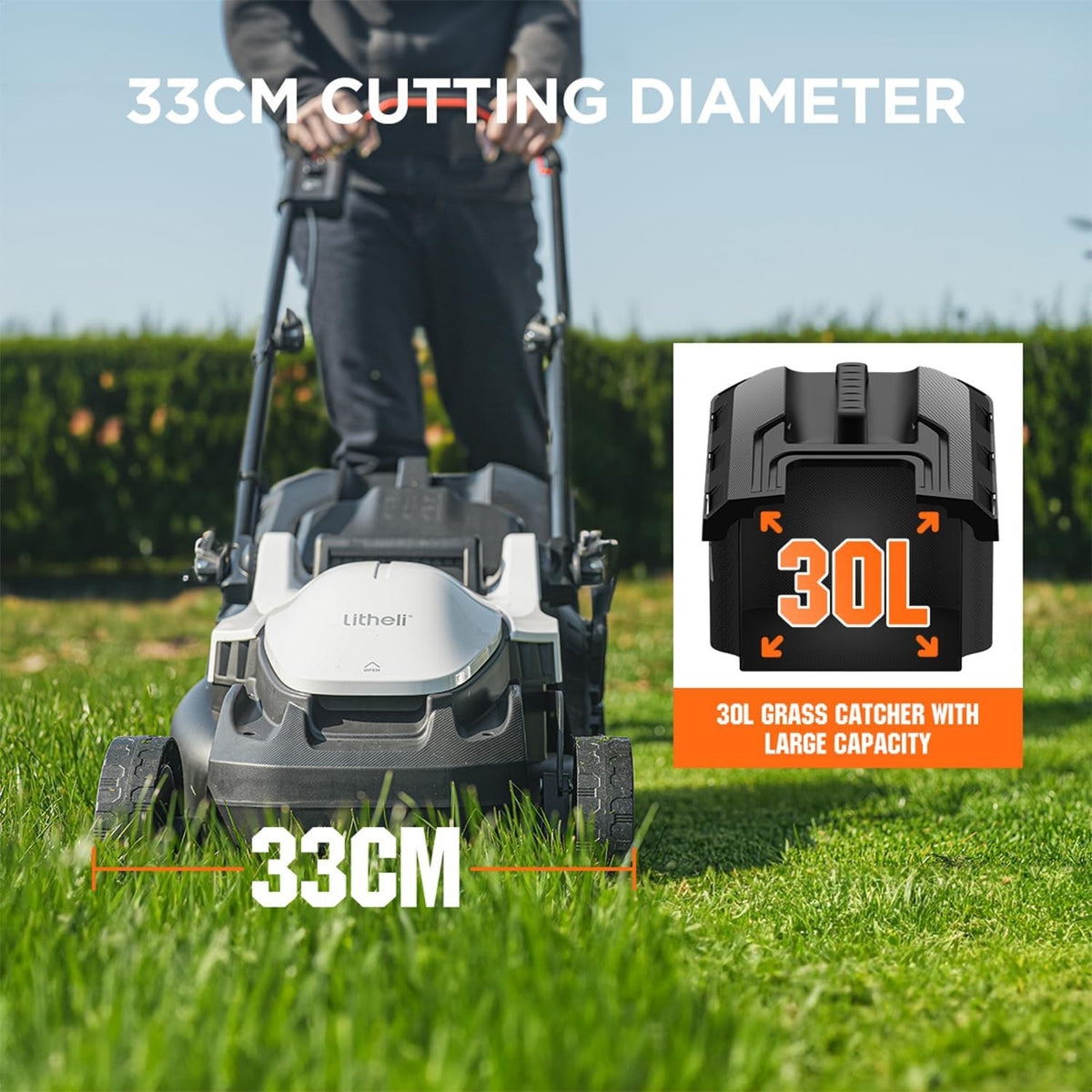 Litheli Cordless Lawn Mower 20V 33cm Brushless 5 Heights 30L 4.0Ah Battery