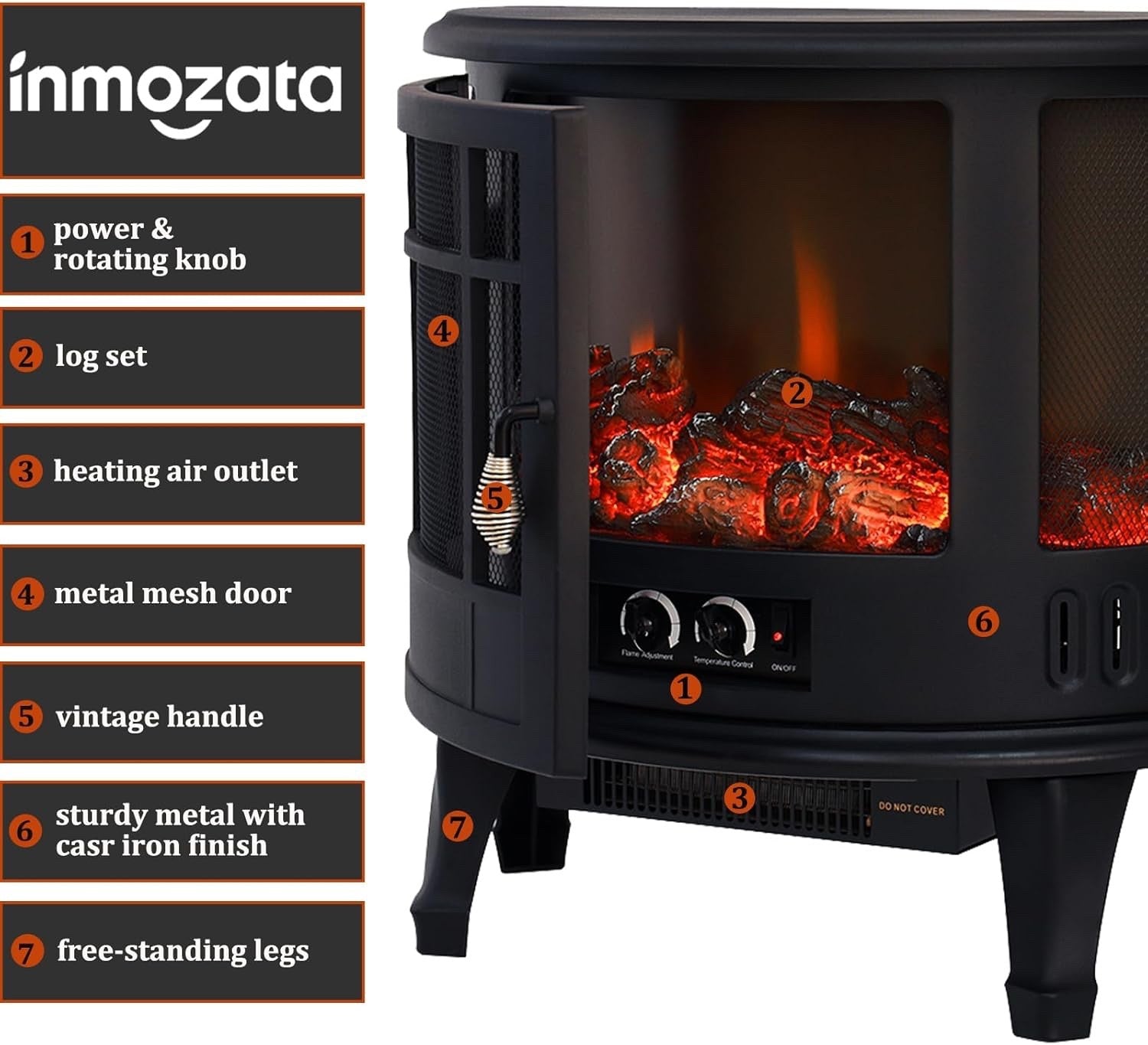INMOZATA Electric Stove Heater 1800W with LED Log Flame Effect & Thermostat