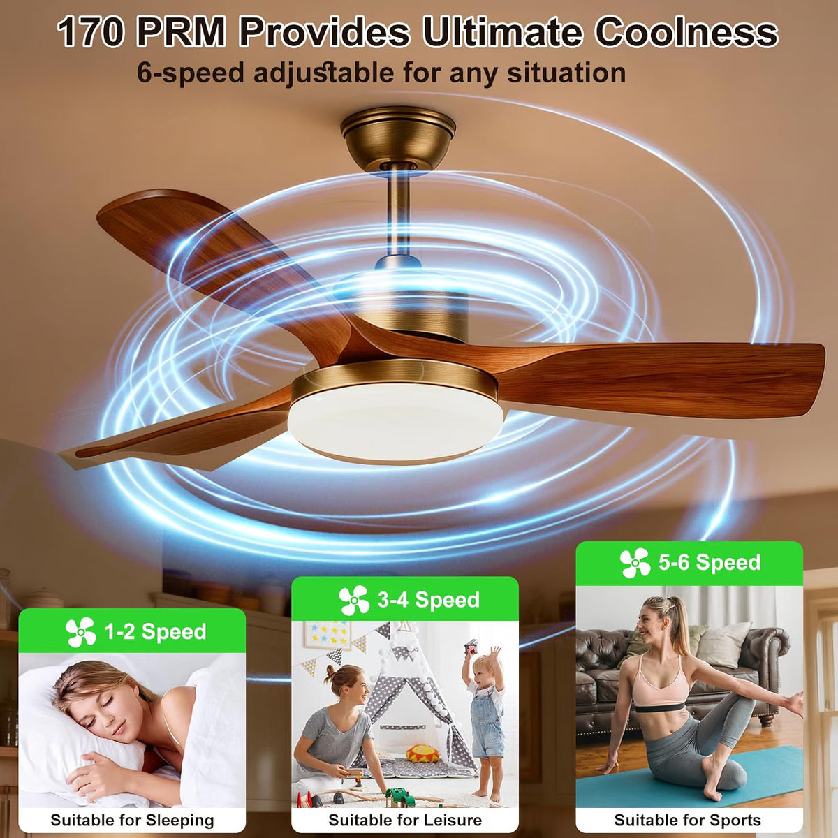 Ceiling Fan Light Smart 52in 3600LM Dimmable 3CCT Remote App 6 Speed Bronze