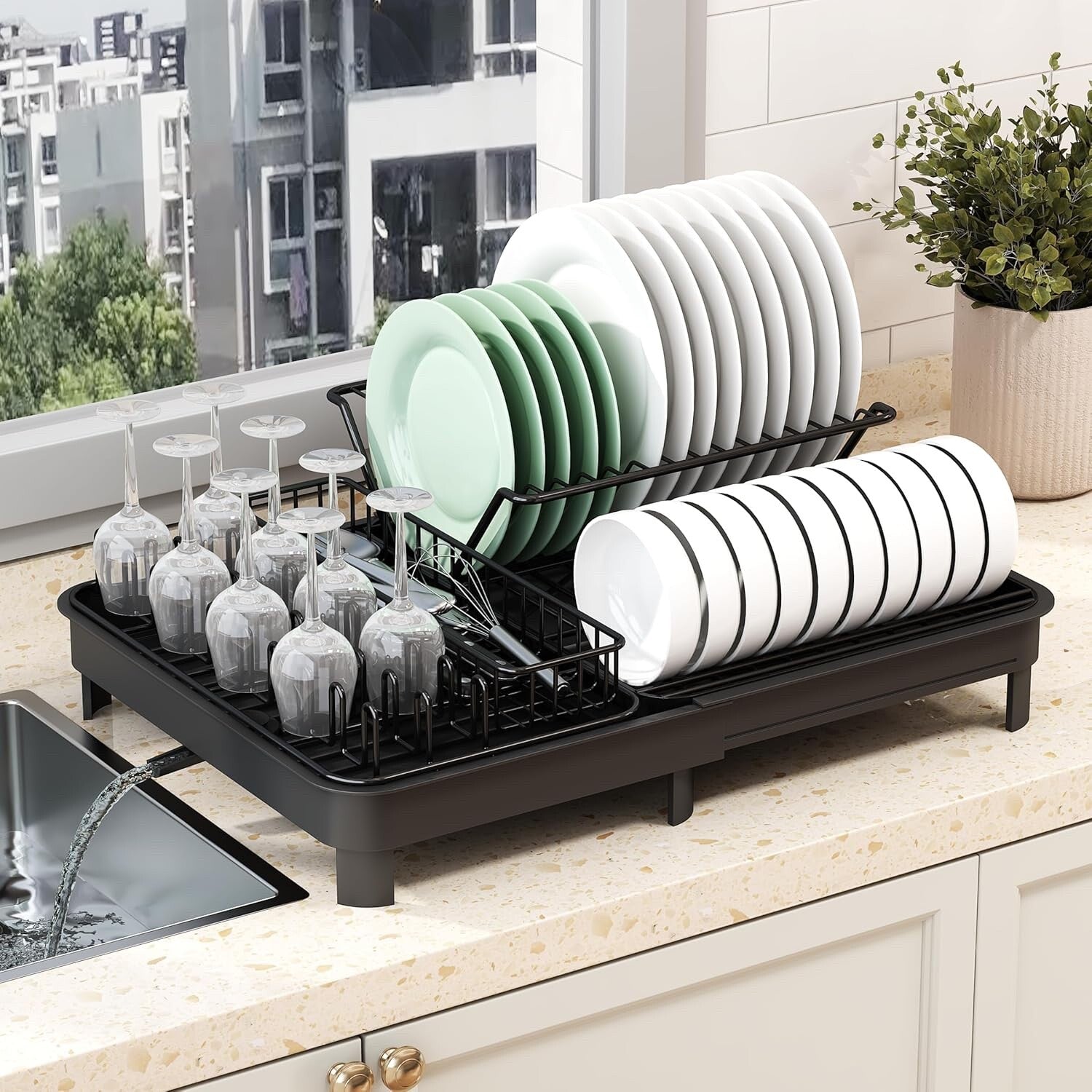 Large Dish Drying Rack with Drainboard Extendable Kitchen Countertop Organiser