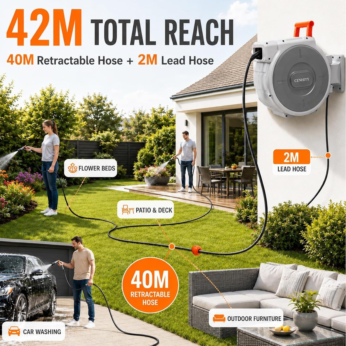 Garden Hose Reel Wall Mounted 40+2m Retractable Auto Rewind 180 Swivel 9 Spray