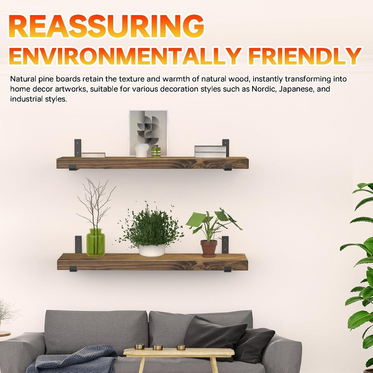 Rustic Wooden Floating Shelf Wall Mounted Dark Brown Pine 60cm Black L Brackets