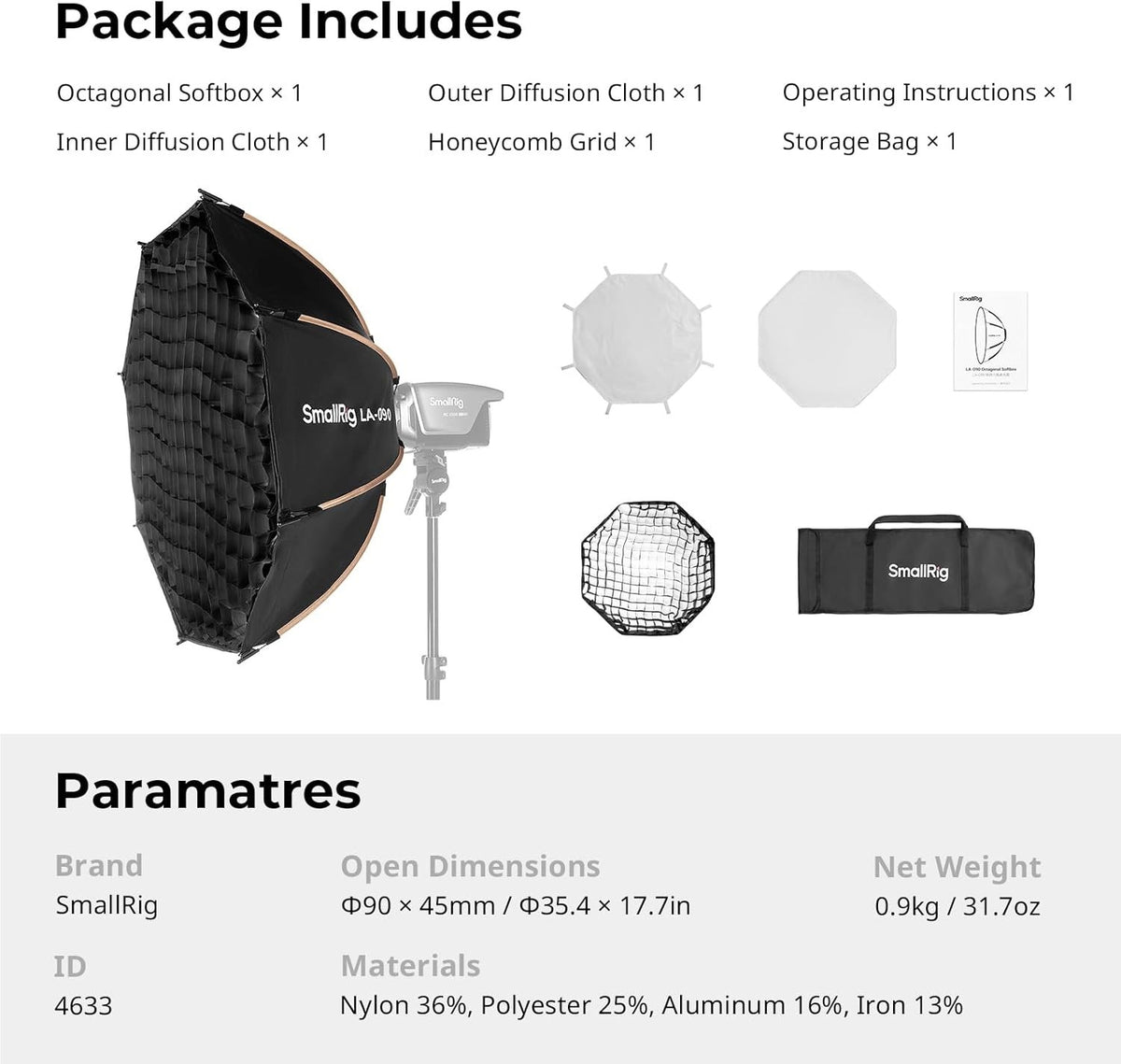 Softbox Photography Lighting Octagon 90cm Bowens Mount Quick Release Honeycomb