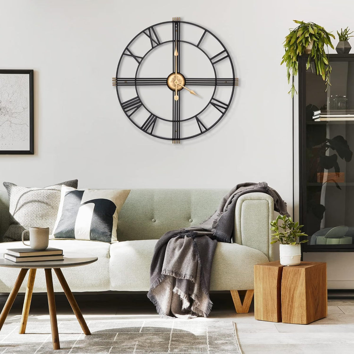 Wall Clock 16 Inch Oversized Silent Non Ticking Skeleton Analogue Black Decor