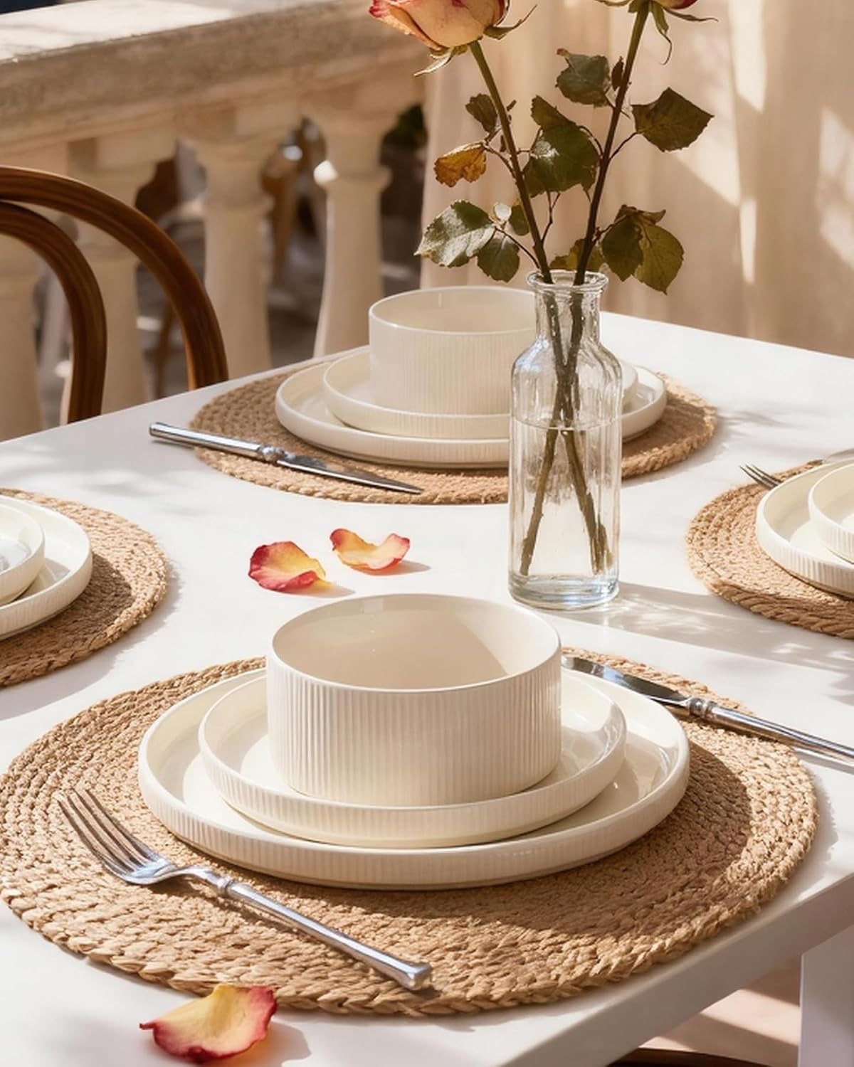 Dinner Set Porcelain Plates Bowls 18 Piece for 6 Cream Rust Red Trim Microwave