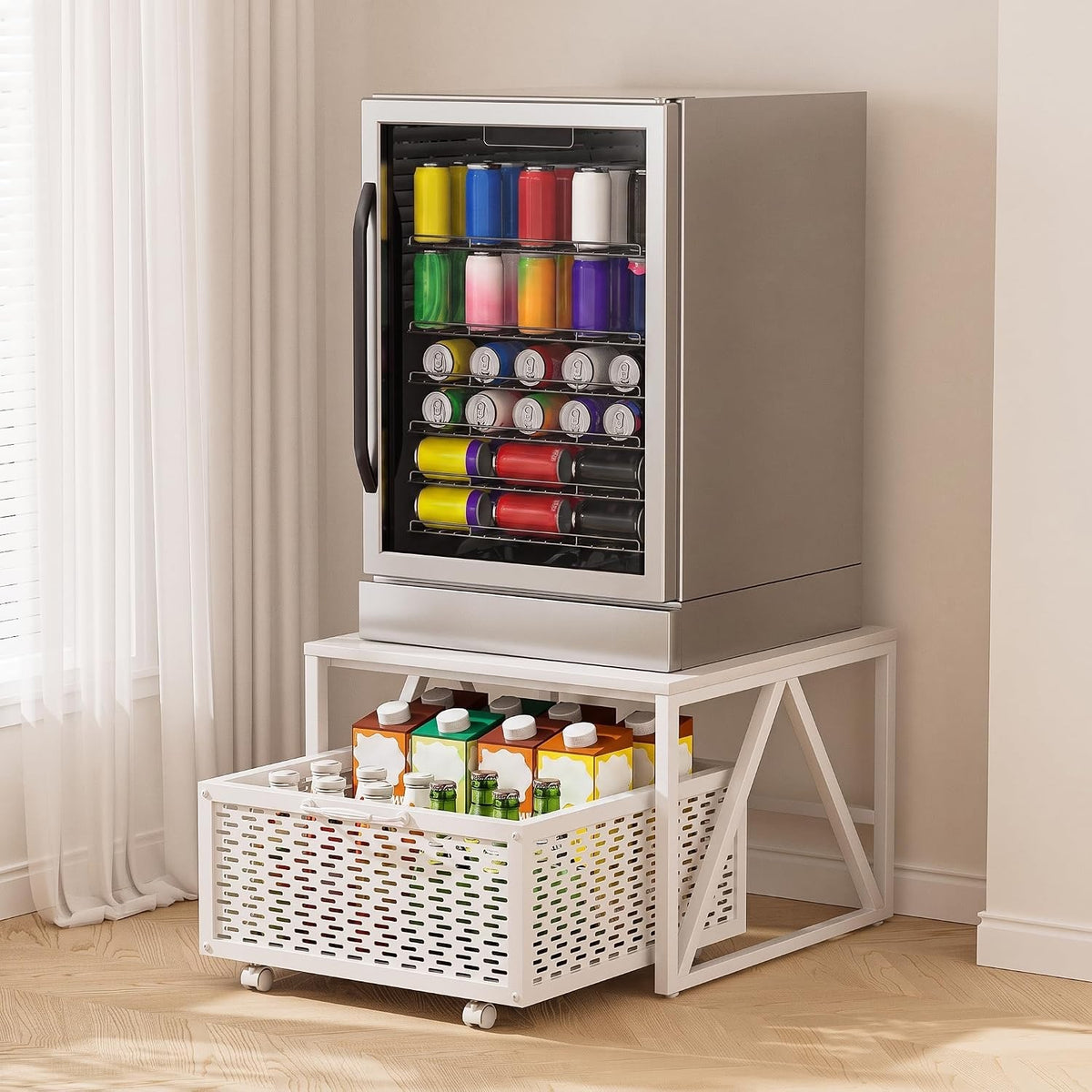 Mini Fridge Stand Storage Cart 220LB Mobile Wheels Drawer Basket White 53x53cm