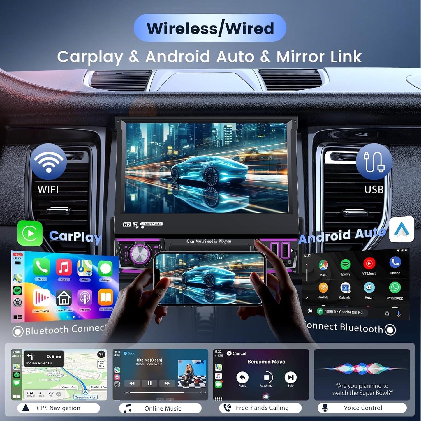 Single Din Stereo 7 Inch Android 15 CarPlay Android Auto GPS Bluetooth 2G 64G