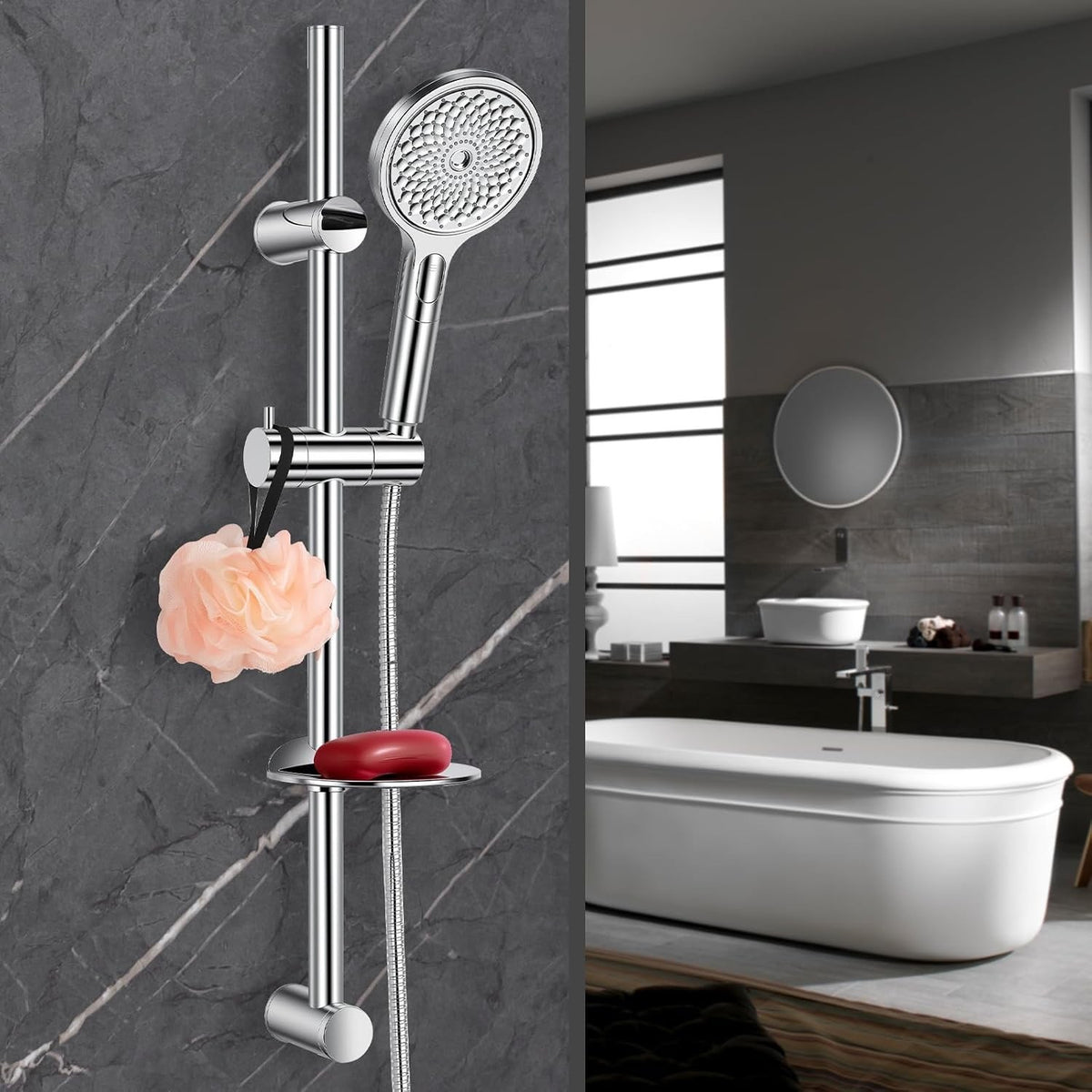 Shower Riser Rail Kit 73cm 4 Mode Hand Shower 1.5m Stainless Hose Soap Dish