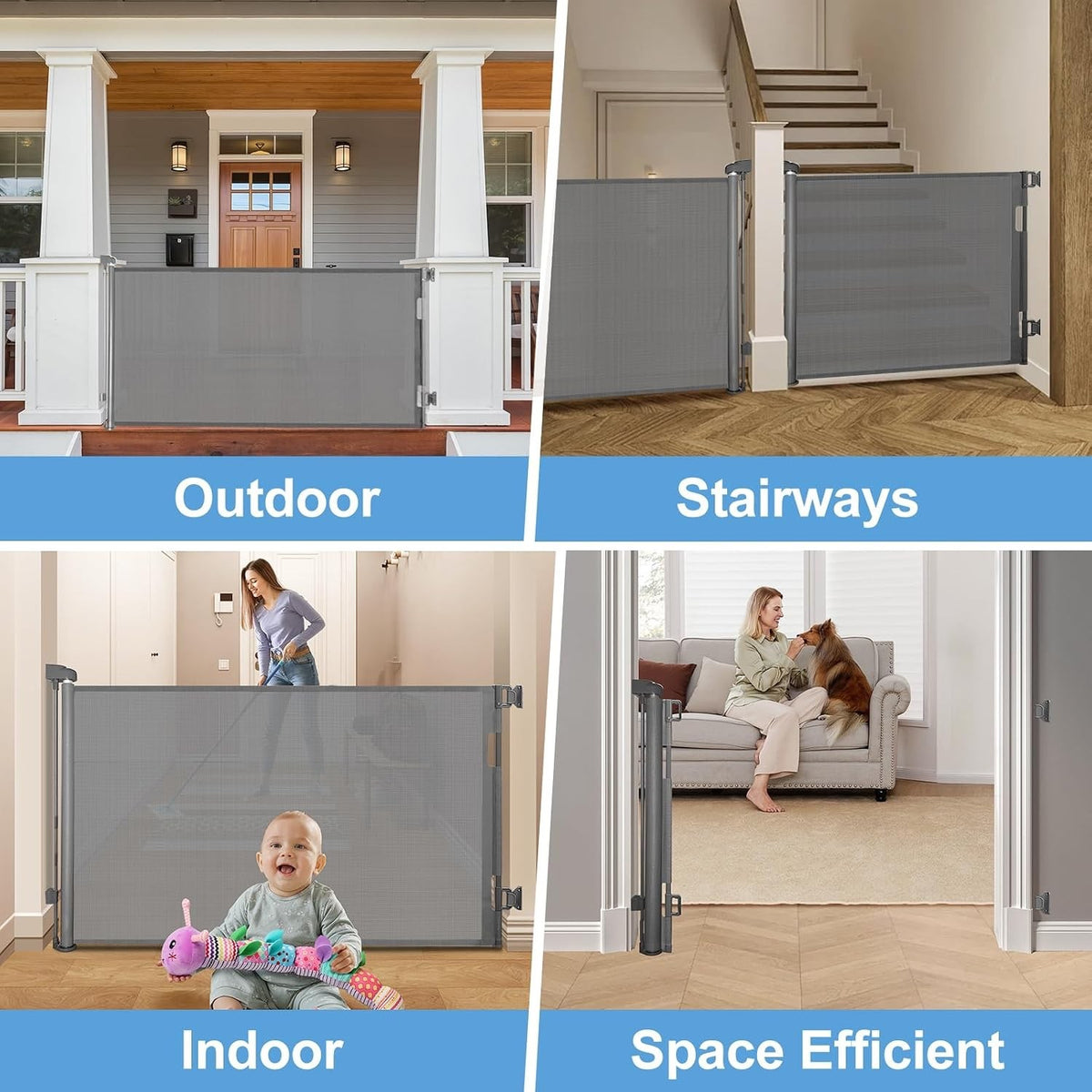 Baby Gate Retractable Mesh Dog Gate 86cm 140cm Length Grey Safety Doorway 2 Pack