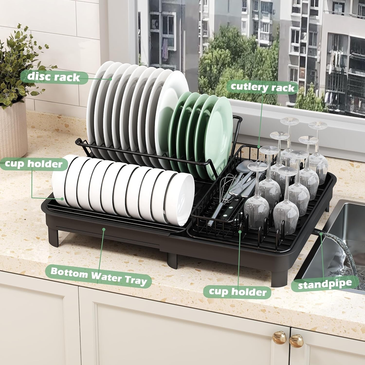 Large Dish Drying Rack with Drainboard Extendable Kitchen Countertop Organiser